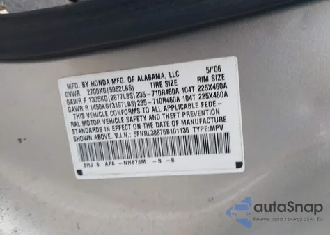 2006 Honda Odyssey Touring z USA, uszkodzony, nr VIN 5FNRL38876B101136